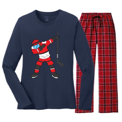 Dabbing Hockey Player Gift Christmas Women's Long Sleeve Flannel Pajama Set 