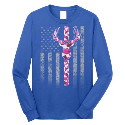 Deer Hunting Pink Camouflage Flag With Camo Deer Antlers Gift Long Sleeve Shirt