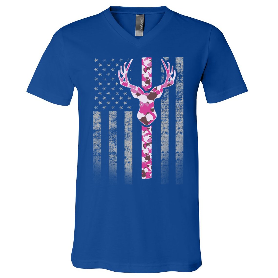 Deer Hunting Pink Camouflage Flag With Camo Deer Antlers Gift V-Neck T-Shirt