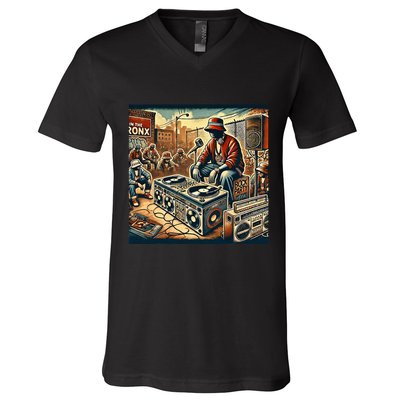 Dj Hiphop Retro Music Block Bronx Party V-Neck T-Shirt