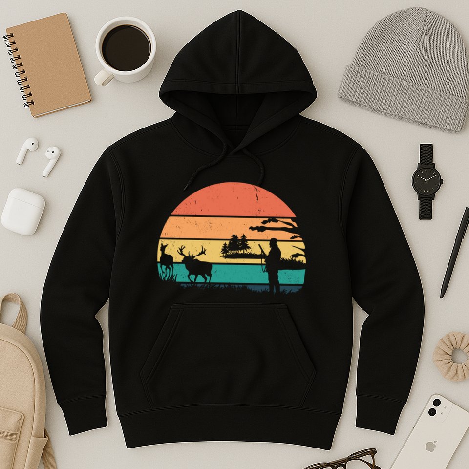 Deer Hunting Retro Sunset Nature Hoodie
