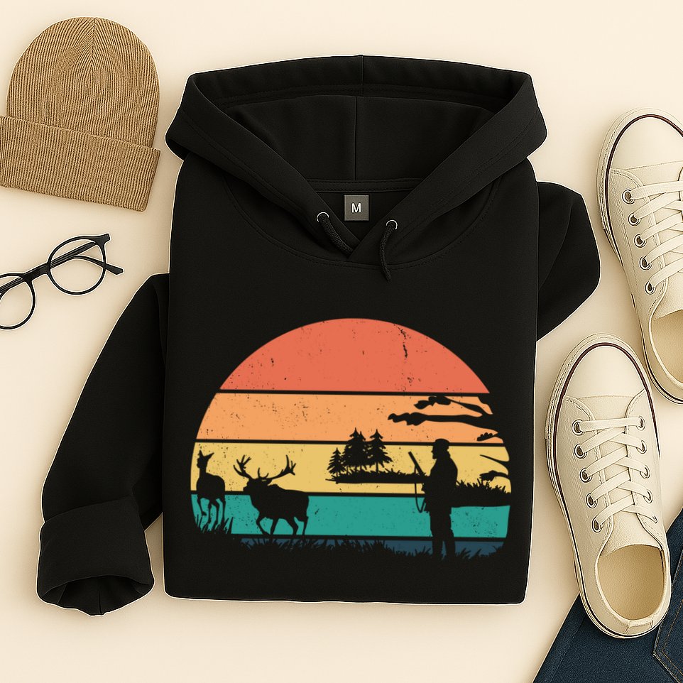 Deer Hunting Retro Sunset Nature Hoodie