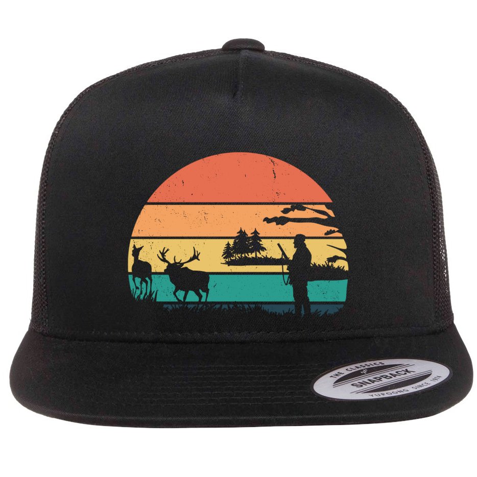 Deer Hunting Retro Sunset Nature Flat Bill Trucker Hat