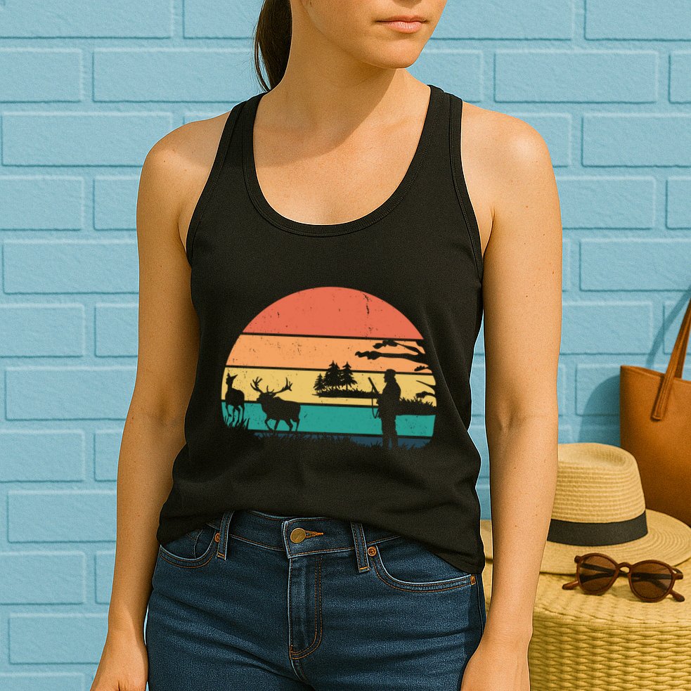 Deer Hunting Retro Sunset Nature Womens Tank Top