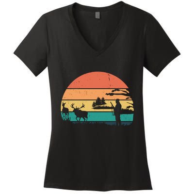 Deer Hunting Retro Sunset Nature Women's V-Neck T-Shirt