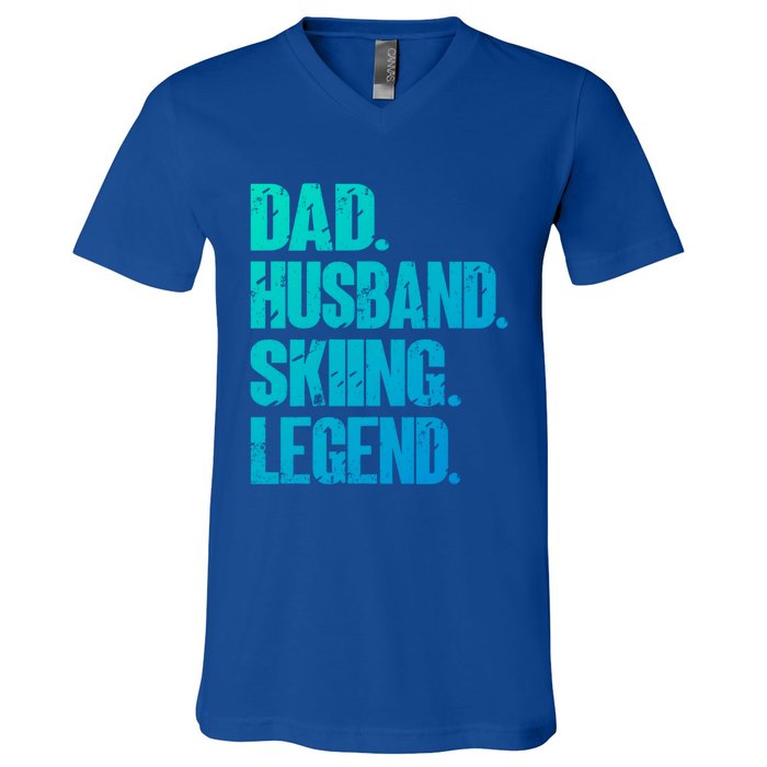 Dad Husband Skiing Legend Snow Sport Funny Dad Ski Skiing Cool Gift V-Neck T-Shirt