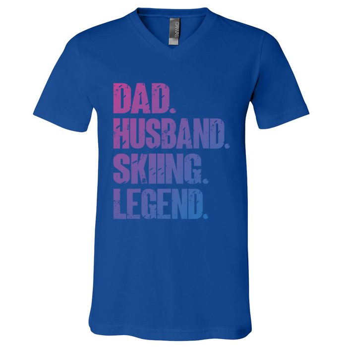 Dad Husband Skiing Legend Snow Sport Funny Dad Ski Skiing Cool Gift V-Neck T-Shirt