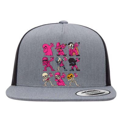 Dabbing Halloween Skeleton Pumpkin Breast Cancer Awareness Flat Bill Trucker Hat