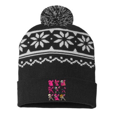 Dabbing Halloween Skeleton Pumpkin Breast Cancer Awareness USA-Made Snowflake Beanie