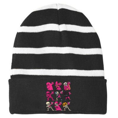 Dabbing Halloween Skeleton Pumpkin Breast Cancer Awareness Striped Beanie with Solid Band