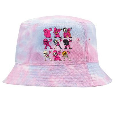 Dabbing Halloween Skeleton Pumpkin Breast Cancer Awareness Tie-Dyed Bucket Hat