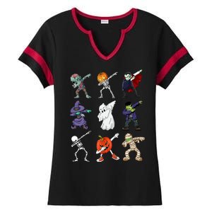 Dabbing Halloween Skeleton Zombie Scary Pumpkin Mummy Ladies Halftime Notch Neck Tee