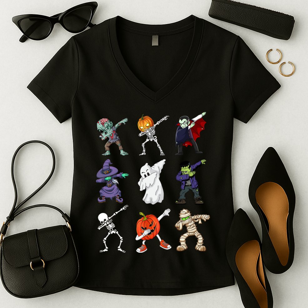 Dabbing Halloween Skeleton Zombie Scary Pumpkin Mummy Women's V-Neck T-Shirt