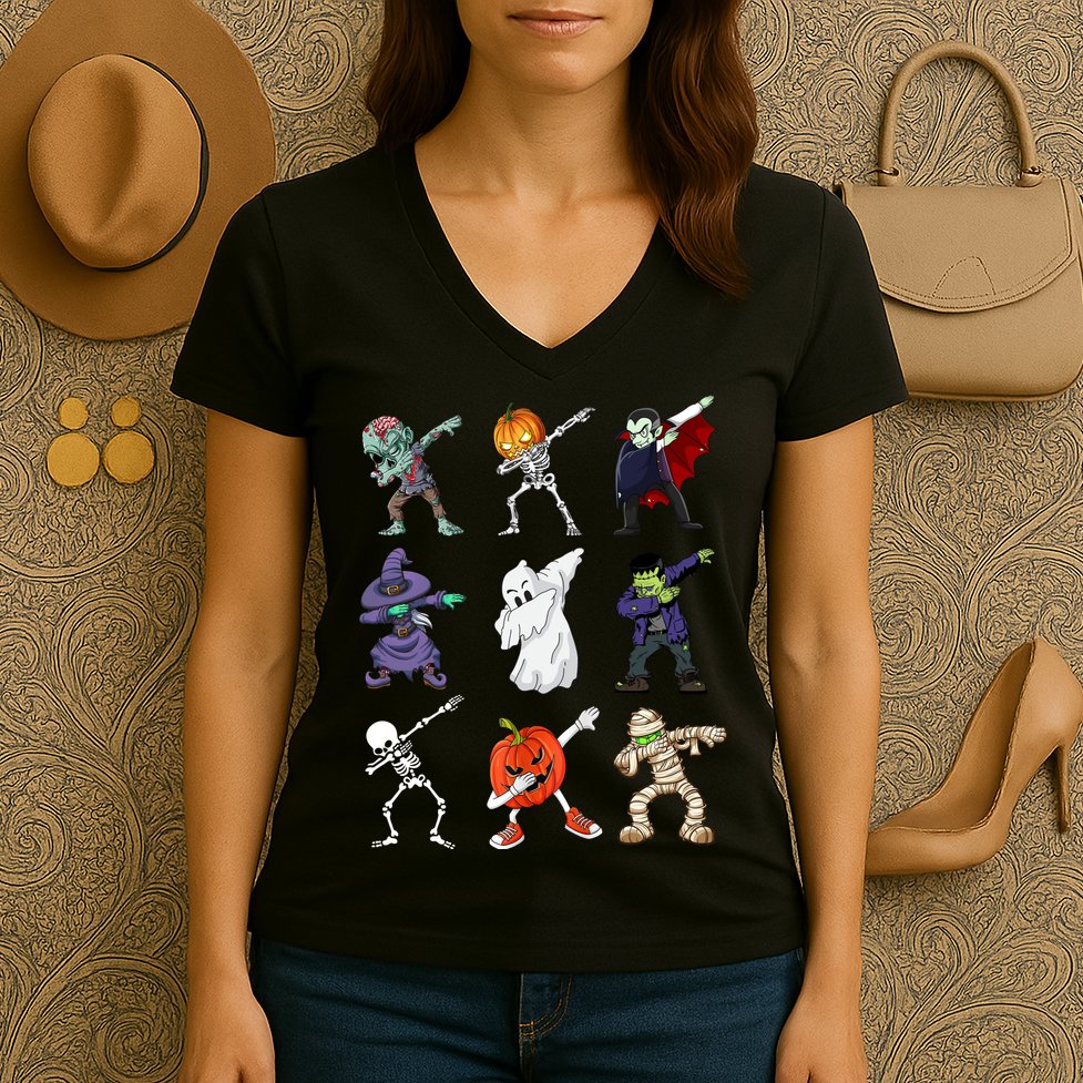 Dabbing Halloween Skeleton Zombie Scary Pumpkin Mummy Women's V-Neck T-Shirt