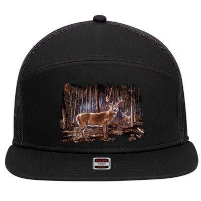 Deer Hunting Scene 7 Panel Mesh Trucker Snapback Hat