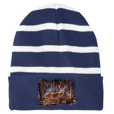 Deer Hunting Scene Striped Beanie with Solid Band