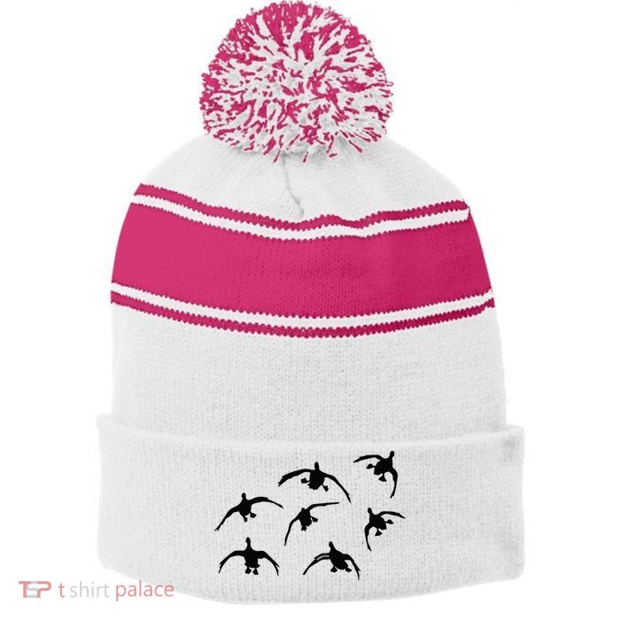 Duck Hunting Seven Drakes By Committed Waterfowl Stripe Pom Pom Beanie