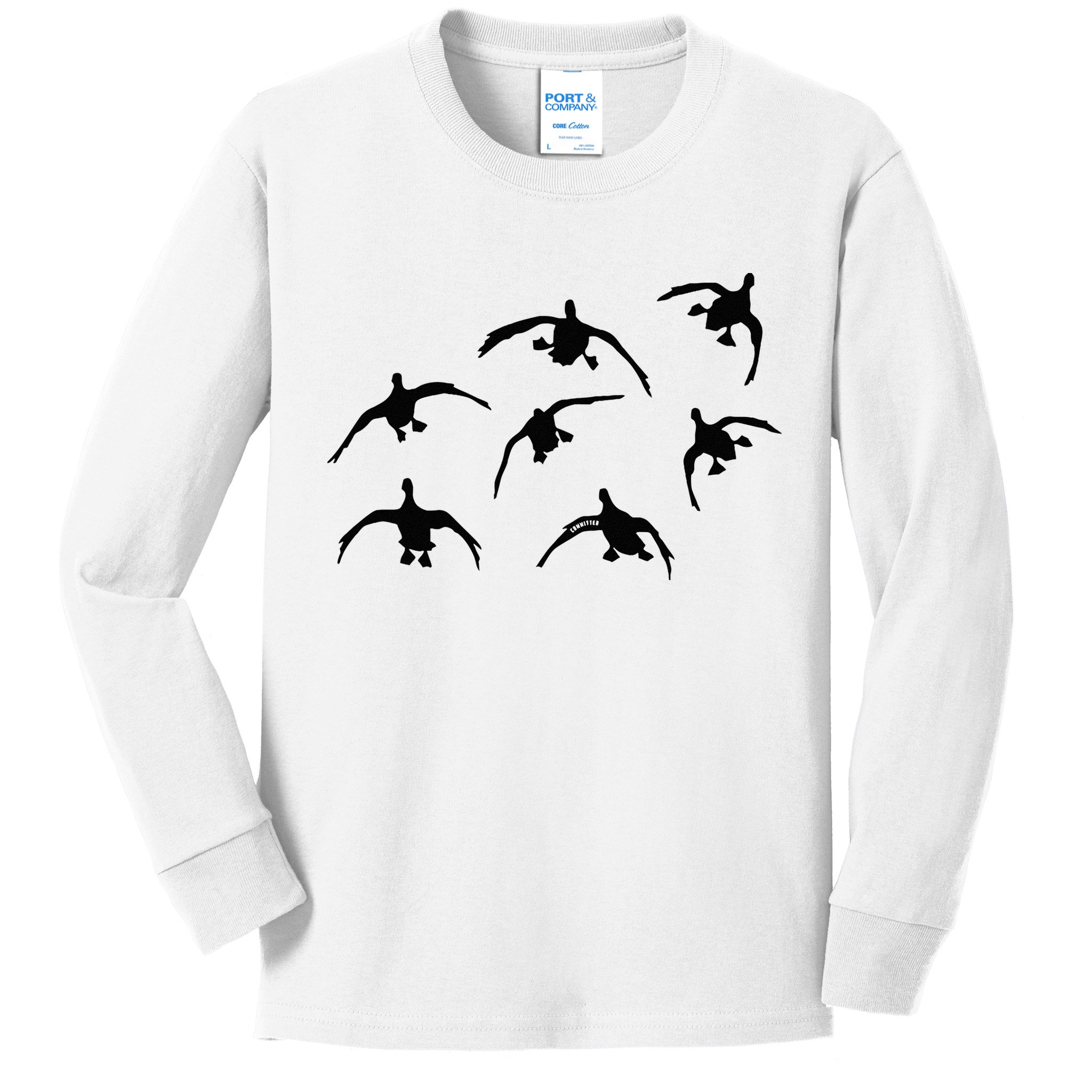 Duck Hunting Seven Drakes By Committed Waterfowl Kids Long Sleeve Shirt
