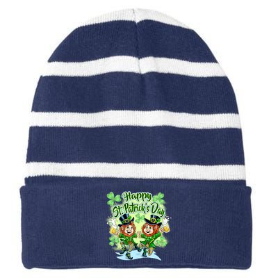 Dancing Happy St. Patrick's Day Leprechauns Striped Beanie with Solid Band