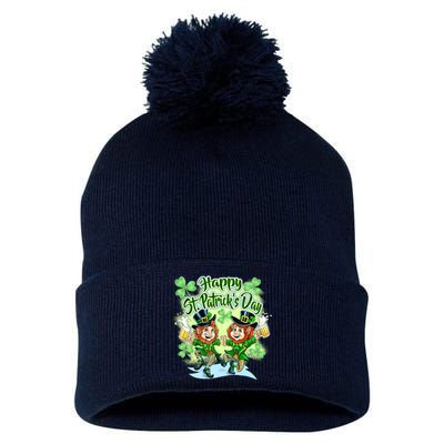 Dancing Happy St. Patrick's Day Leprechauns Pom Pom 12in Knit Beanie