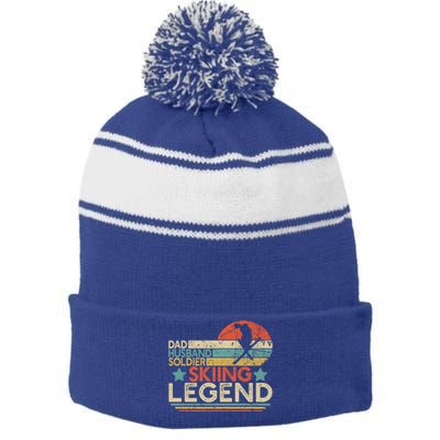 Dad Husband Soldier Skiing Legend Military Ski Lover And Skier Gift Stripe Pom Pom Beanie