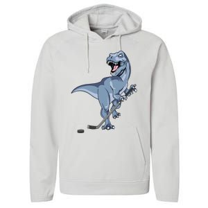 Dinosaur Hockey Stick Puck Goal Goalie Trex Trex Player Performance Fleece Hoodie