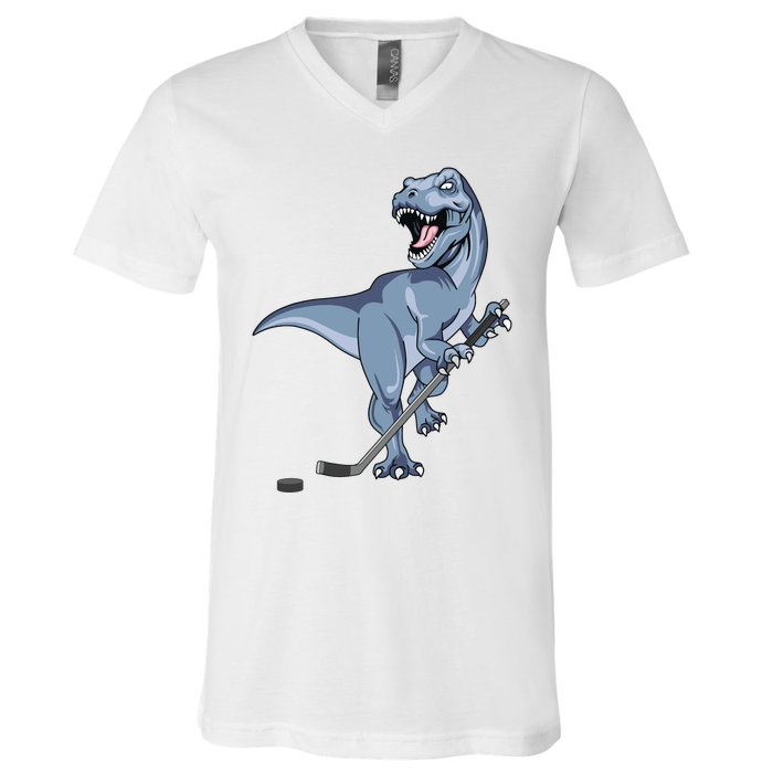 Dinosaur Hockey Stick Puck Goal Goalie Trex Trex Player V-Neck T-Shirt