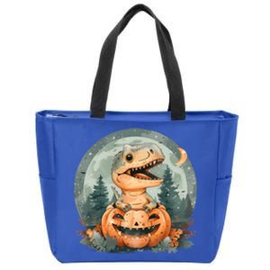 Dinosaur Halloween Trex Emerging From Pumpkin Funny Gift Zip Tote Bag