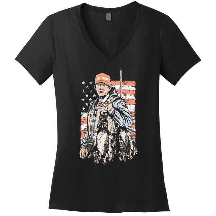 Duck Hunting Trump Camo Hello Hunting Season Us Flag Gift Women's V-Neck T-Shirt