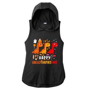 Dino Halloween Thanksgiving Christmas Happy Hallothanksmas Ladies PosiCharge Tri-Blend Wicking Draft Hoodie Tank