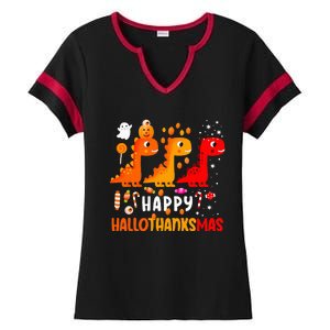 Dino Halloween Thanksgiving Christmas Happy Hallothanksmas Ladies Halftime Notch Neck Tee