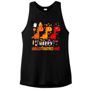 Dino Halloween Thanksgiving Christmas Happy Hallothanksmas Ladies PosiCharge Tri-Blend Wicking Tank