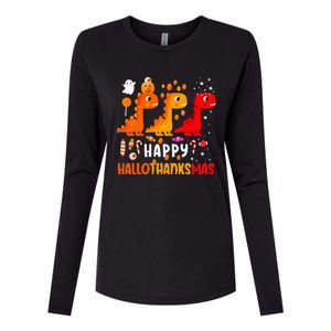 Dino Halloween Thanksgiving Christmas Happy Hallothanksmas Womens Cotton Relaxed Long Sleeve T-Shirt