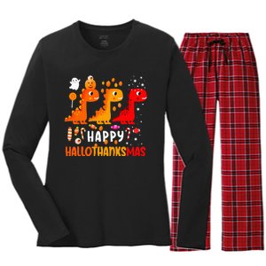 Dino Halloween Thanksgiving Christmas Happy Hallothanksmas Women's Long Sleeve Flannel Pajama Set 