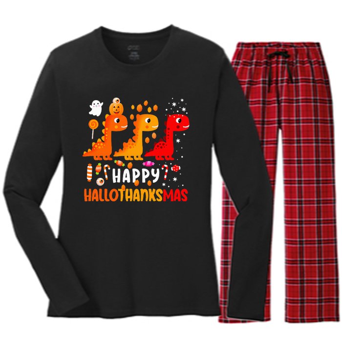 Dino Halloween Thanksgiving Christmas Happy Hallothanksmas Women's Long Sleeve Flannel Pajama Set 