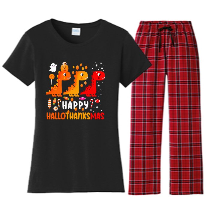 Dino Halloween Thanksgiving Christmas Happy Hallothanksmas Women's Flannel Pajama Set