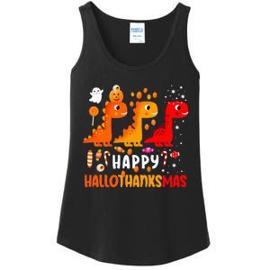 Dino Halloween Thanksgiving Christmas Happy Hallothanksmas Ladies Essential Tank