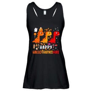 Dino Halloween Thanksgiving Christmas Happy Hallothanksmas Ladies Essential Flowy Tank