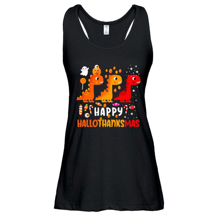 Dino Halloween Thanksgiving Christmas Happy Hallothanksmas Ladies Essential Flowy Tank