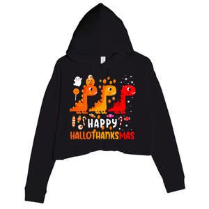 Dino Halloween Thanksgiving Christmas Happy Hallothanksmas Crop Fleece Hoodie