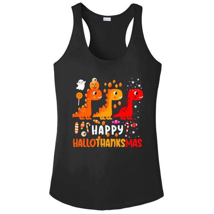 Dino Halloween Thanksgiving Christmas Happy Hallothanksmas Ladies PosiCharge Competitor Racerback Tank