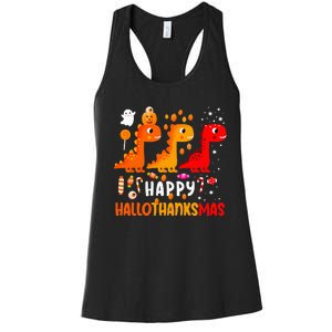 Dino Halloween Thanksgiving Christmas Happy Hallothanksmas Women's Racerback Tank