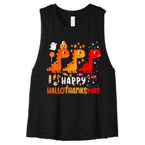 Dino Halloween Thanksgiving Christmas Happy Hallothanksmas Women's Racerback Cropped Tank