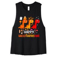 Dino Halloween Thanksgiving Christmas Happy Hallothanksmas Women's Racerback Cropped Tank