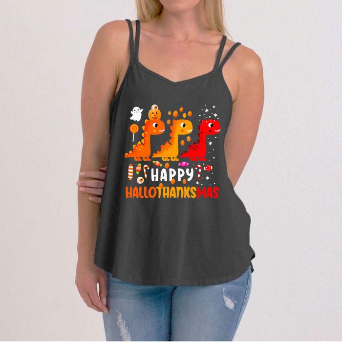 Dino Halloween Thanksgiving Christmas Happy Hallothanksmas Women's Strappy Tank