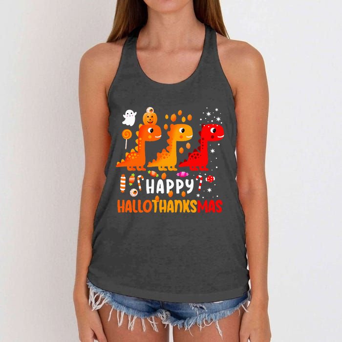 Dino Halloween Thanksgiving Christmas Happy Hallothanksmas Women's Knotted Racerback Tank