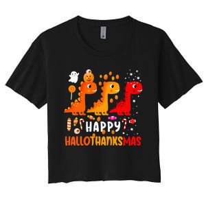 Dino Halloween Thanksgiving Christmas Happy Hallothanksmas Women's Crop Top Tee