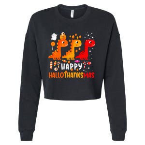 Dino Halloween Thanksgiving Christmas Happy Hallothanksmas Cropped Pullover Crew