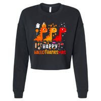 Dino Halloween Thanksgiving Christmas Happy Hallothanksmas Cropped Pullover Crew