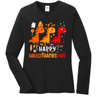 Dino Halloween Thanksgiving Christmas Happy Hallothanksmas Ladies Long Sleeve Shirt